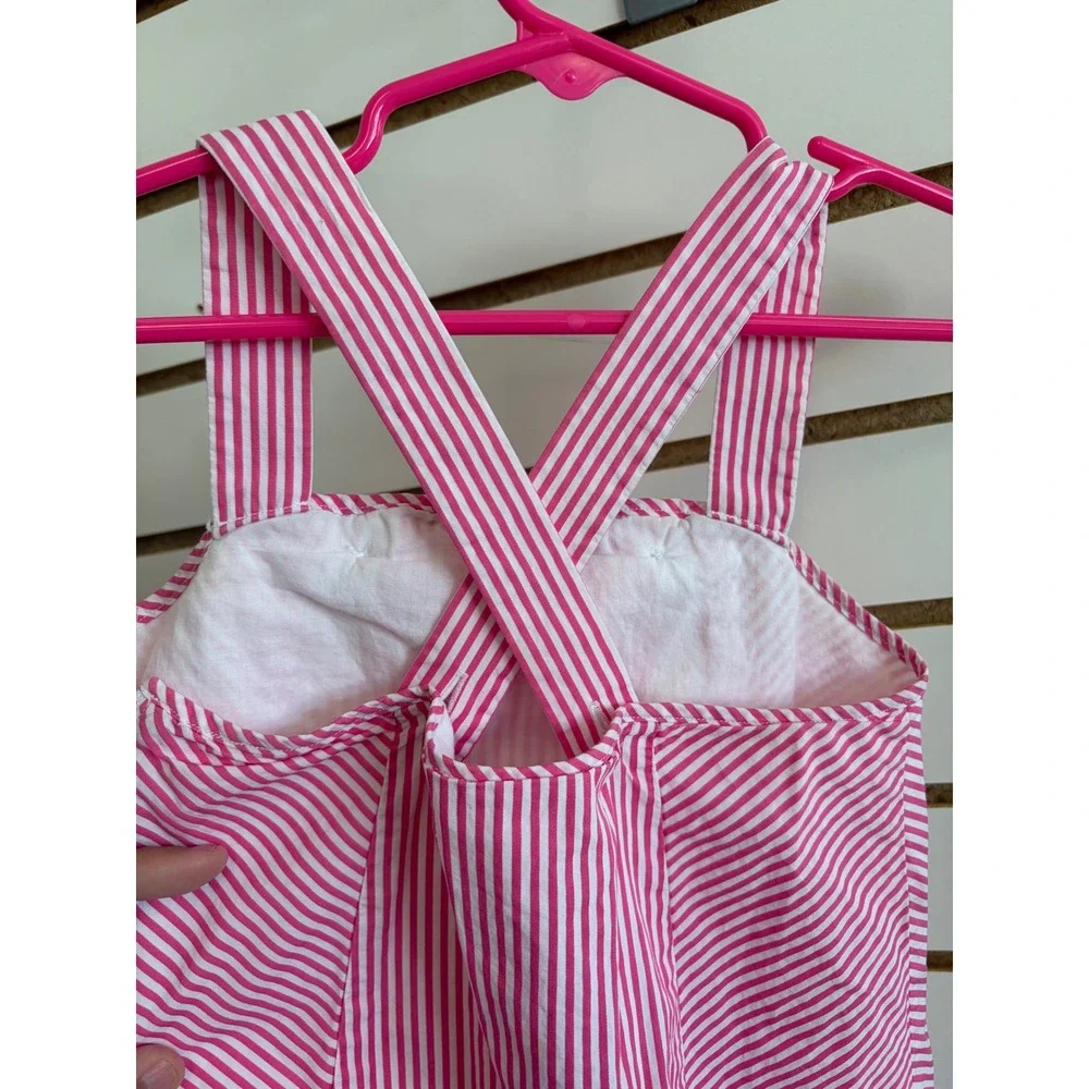 Janie and Jack Girls Pink White Striped Bow Dress Size 6 Cotton Lined seersucker